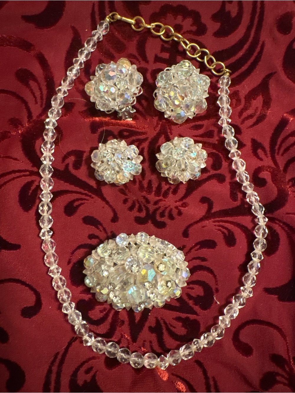 Vintage Mid Century Aurora Borealis Jewelry Set - Brooch, Necklace, Earrings